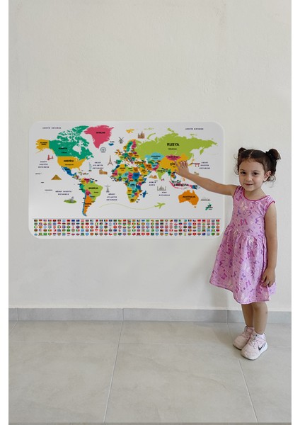 Türkçe Ülke Bayrak Lı Eğitici Başkent Detaylı Atlası Dünya Haritası Duvar Sticker 3860XL