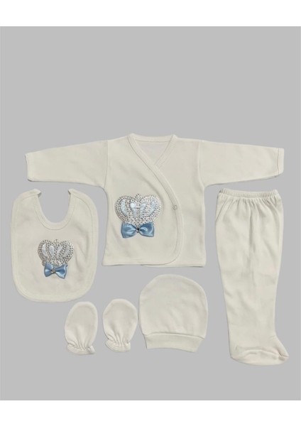 Bebe Erkek Taşlı 5li Hastane Çıkışı Zıbın Set Mavi