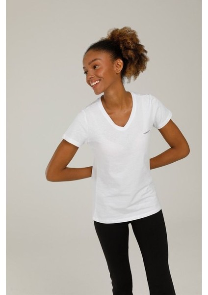 Basic V Yaka Bayan Beyaz T-Shirt W-CT126