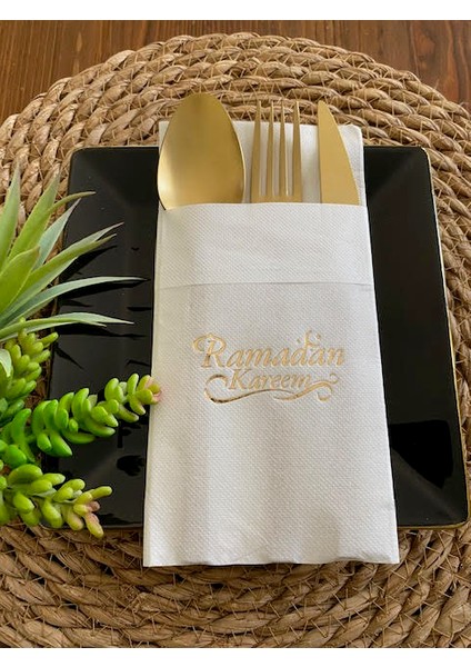 Gold Beyaz Cepli Ramadan Karem Peçete 12 Adet 40X40 Yeni Model