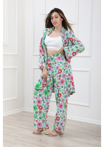 Kadın Desenli Lastikli Pantolon 22101 - Yeşil - 38
