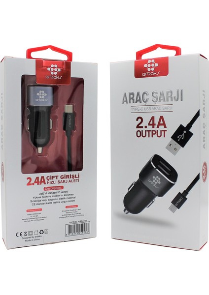 (Type-C) 2.4A Çift Girişli Araç Şarjı Arbaks ARB-029