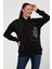 Kadın Büyük Beden Deri Cep Detaylı Taş Işlemeli Siyah Sweatshirt 1