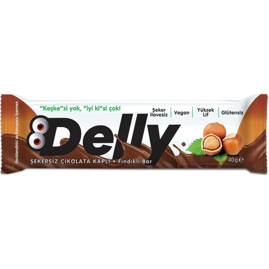 Delly Şekersiz Çikolata Kaplı - Fındıklı Bar 12 x 40 gr