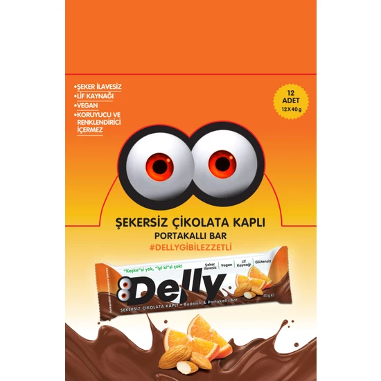 Delly Şekersiz Çikolata Kaplı-Bademli & Portakallı Bar 12X40 G