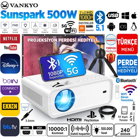 Vankyo Sunspark 500W 1080P Destekli Wifi + Bluetooth LCD LED Projeksiyon Cihazı - 240 Inç Yansıtma - Dahili Hoparlör - Tv Stick/Ps5/HDMI/USB/VGA/AV