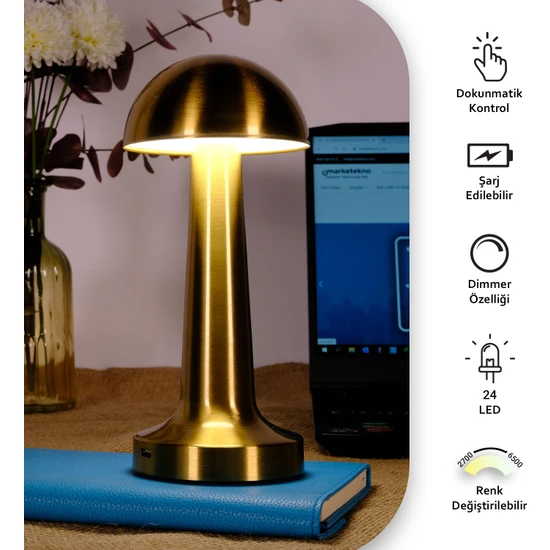 Ack Şarjlı Dokunmatik LED Masa Lambası, Ayarlanabilir Renk Tonu, Çalışma Okuma Işığı Mantar Gece Lambası