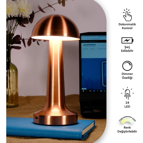 Ack Şarjlı Dokunmatik LED Masa Lambası, Ayarlanabilir Renk Tonu, Çalışma Okuma Işığı Mantar Gece Lambası