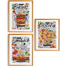 Nt Handmade 3 Parça Ahşap Çerçeve Görünümlü Cafe-Food - Salon Yatak Odası Mutfak Için Tablo Seti