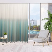 Perhal Degrade Renk Geçişli Petrol Mavi Etekleri Nakışlı Pilesiz Tül Perde