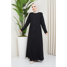 Hafsa Mina Taş Detaylı Büyük Beden Siyah Ferace