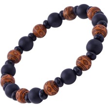 Nusnus Siyah Oniks Taşlı ve Kilim Desenli Ağaç Bileklik