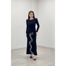 giyimmasalı Ithal Krep Kumaş Taş Püskül Detaylı Abiye Elbise - Siyah