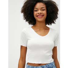 Koton Crop Tişört V Yaka Kısa Kollu Fitilli