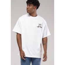 Glb Catch Erkek Owersıze Bisiklet Yaka Fido Baskılı Tişört -Beyaz