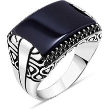 Amberkan Oniks Taş Kenarları Minik Siyah Zirkon Taşlı Erkek Yüzük