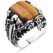 Amberkan Kaplan Gözü Taşlı Yanları Kılıç Tasarımlı Erkek Yüzük