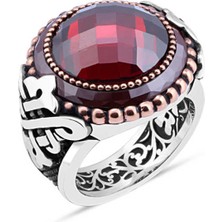 Amberkan Kesme Kırmızı Zirkon Taşlı Kenarı Çember Taşlı Erkek Yüzük