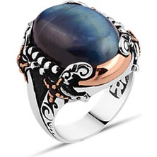 Amberkan Mavi Kaplan Gözü Taşlı Yanları Kılıçlı Erkek Yüzük