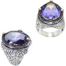 Amberkan Mavi Mistik Topaz Taşlı Kenarları Zirkon Taşlı Kalem Desenli Gümüş Erkek Yüzük