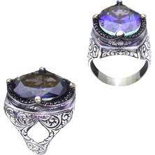 Amberkan Mavi Mistik Topaz Taşlı Kenarları Zirkon Taşlı Kalem Desenli Gümüş Erkek Yüzük