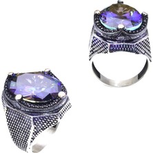 Amberkan Mavi Mistik Topaz Taşlı Kenarları Zirkon Taşlı Nokta Desenli Gümüş Erkek Yüzük