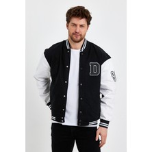 Damga Oversize Renk Bloklu Kot Kolej Mont Siyah
