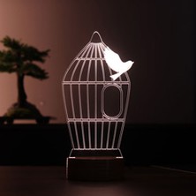 By Lamp Kuş Kafesi Figürlü Dekoratif Hediye Led Masa Lambası | 7 Işık Rengi | Ahşap Taban
