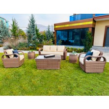 Monalin Home Garden 5 Kişilik Lord Lüks Rattan Örgü Bahçe & Balkon & Teras Oturma Grub Minderli & Camlı & Masalı Ekstra Lüks Takım