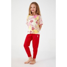 U.S. Polo Assn.  With Leaf Patterns Beyaz Kız Çocuk Kısa Kol Pijama Takım
