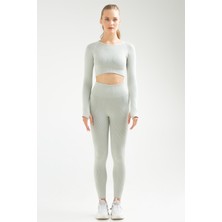 Speedlife  Haki Slim Fit Düz O Yaka Yüksek Bel Kadın Toparlayıcı Seamless Crop Tayt Takım - SSB0010