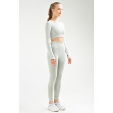 Speedlife  Haki Slim Fit Düz O Yaka Yüksek Bel Kadın Toparlayıcı Seamless Crop Tayt Takım - SSB0010