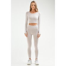 Speedlife  Taş Slim Fit Düz O Yaka Yüksek Bel Kadın Toparlayıcı Seamless Crop Tayt Takım - SSB0010