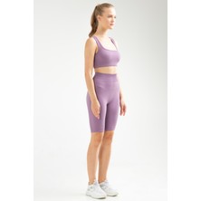 Speedlife  Mor Slim Fit Düz Açık Yaka Yüksek Bel Toparlayıcı Seamless Kadın Tayt Takım - SSB0009