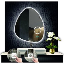 Dnr-Mirror 70 cm Çapında Bluetoothlu Buğu Çözücülü Dokunmatik Ledli Kumlamalı Asimetrik Banyo Aynası LED Işıklı