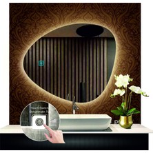 Dnr-Mirror 70 cm Çapında Dokunmatik Ledli Kumlamalı Asimetrik Banyo Aynası Dekoratif Makyaj Aynası Ledli Yatay