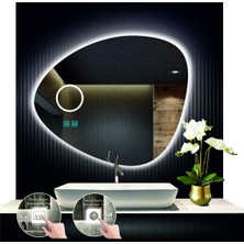 Dnr-Mirror 70 cm Çapında Bluetoothlu Buğu Çözücülü Dokunmatik Ledli Kumlamalı Asimetrik Banyo Aynası LED Işıklı