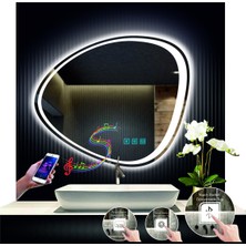 Dnr-Mirror 70 cm Çapında Bluetoothlu Buğu Çözücülü Dokunmatik Ledli Asimetrik Banyo Aynası Dekoratif LED Işıklı