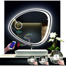 Dnr-Mirror 80 cm Çapında Bluetoothlu Buğu Çözücülü Dokunmatik Ledli Makyaj Aynalı Asimetrik Banyo Aynası