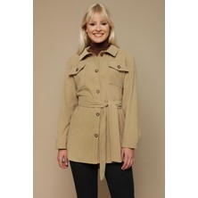 Select Moda Kadın Kuşaklı Düğme Kapamalı Süet Ceket