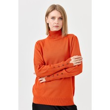 Desen Triko Kadın Tam Balıkçı Yaka Kol Ucu Yırtmaçlı Kazak Portakal