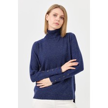 Desen Triko Kadın Tam Balıkçı Yaka Kol Ucu Yırtmaçlı Kazak Lacivert