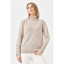 Desen Triko Kadın Tam Balıkçı Yaka Kol Ucu Yırtmaçlı Kazak Bej