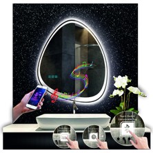80 cm Çapında Bluetoothlu Buğu Çözücülü Dokunmatik Ledli Kumlamalı Asimetrik Banyo Aynası LED Işıklı
