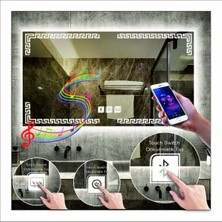 50X70 cm Beyaz Ledli Tasarım Kumlamalı Dokunmatik Bluetoothlu Buğu Önleyicili Makyaj Banyo Aynası