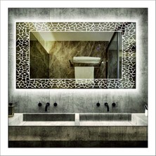 50X70 cm Beyaz Ledli Tasarım Kumlamalı Banyo Aynası Makyaj Aynası Işıklı Ayna