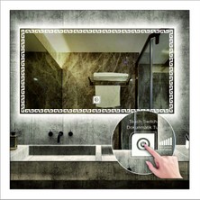 70X90 cm Beyaz Ledli Tasarım Kumlamalı Dokunmatik Tuşlu Banyo Aynası Makyaj Aynası Işıklı Ayna