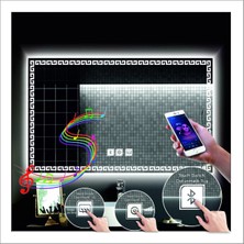 70X90 cm Beyaz Ledli Tasarım Kumlamalı Dokunmatik Bluetoothlu Buğu Önleyicili Makyaj Banyo Aynası