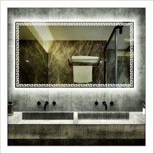 70X90 cm Beyaz Ledli Tasarım Kumlamalı Banyo Aynası Makyaj Aynası Işıklı Ayna