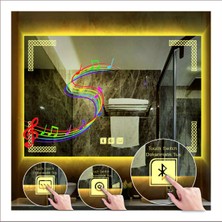 70X100 cm Günışığı Ledli Tasarım Kumlamalı Dokunmatik Bluetoothlu Buğu Önleyicili Banyo Aynası